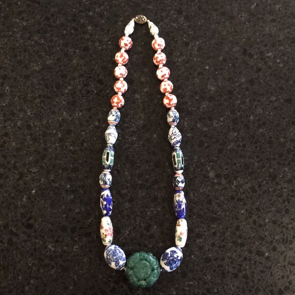 Vintage Caved Jade & Ceramic Painted Bead Necklace - Picture 16 of 16